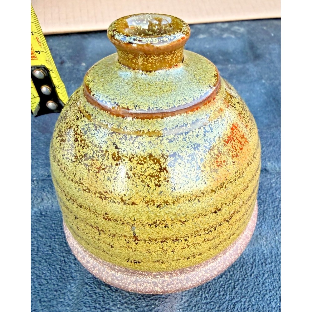 Signed Studio Art Pottery Vase‎ J Mills 1984 Green Drip Glaze Handmade